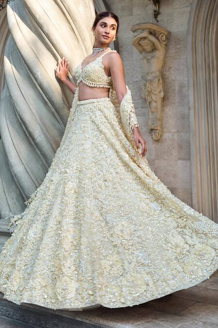 Buy_Seema Gujral_Yellow Net Beads, Sequins, Embroidery Plunge Neck Three-dimensional Lehenga Set _Online_at_Aza_Fashions