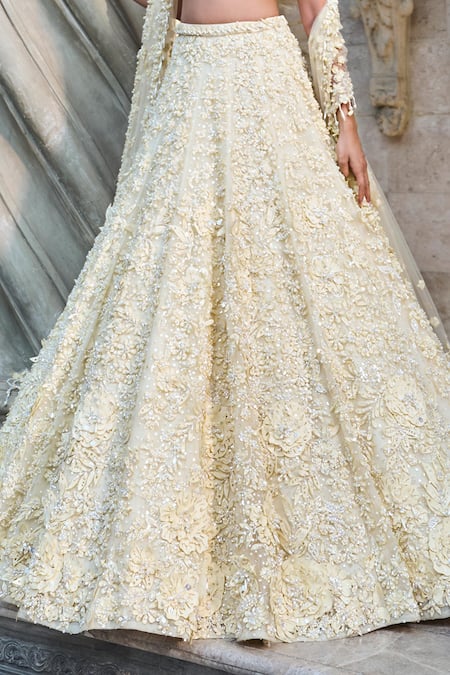 Seema Gujral_Yellow Net Beads, Sequins, Embroidery Plunge Neck Three-dimensional Lehenga Set _at_Aza_Fashions