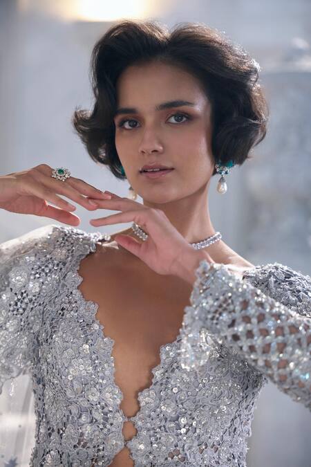 Shop_Seema Gujral_Silver Net Sequins, Cut Work, Embroidery V-neck Jacket Lehenga Set _Online_at_Aza_Fashions