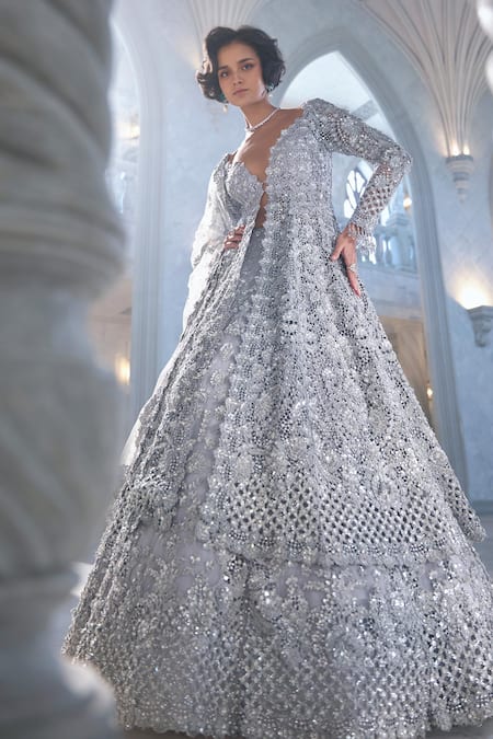 Buy_Seema Gujral_Silver Net Sequins, Cut Work, Embroidery V-neck Jacket Lehenga Set 