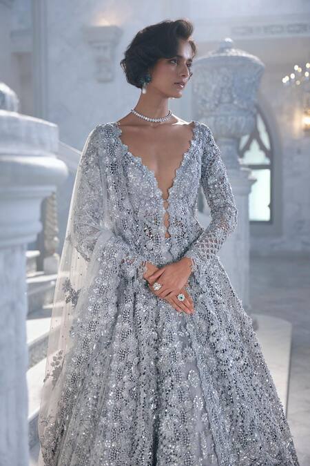 Shop_Seema Gujral_Silver Net Sequins, Cut Work, Embroidery V-neck Jacket Lehenga Set 