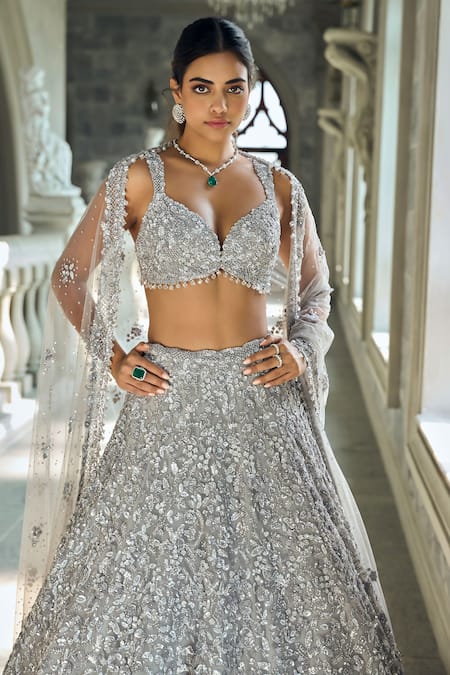 Seema Gujral_Silver Net Sequins Sweetheart Neck Embellished Lehenga Set _Online_at_Aza_Fashions