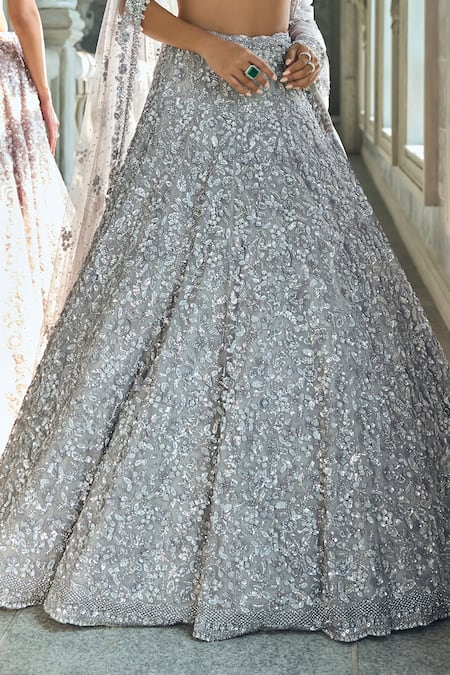 Buy_Seema Gujral_Silver Net Sequins Sweetheart Neck Embellished Lehenga Set _Online_at_Aza_Fashions