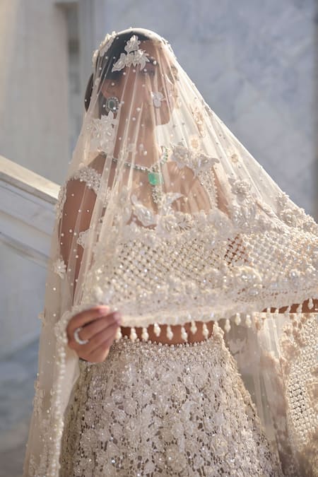 Buy_Seema Gujral_Ivory Net Pearls, Embroidery, Beads Square Neck Cut Work Lehenga Set _Online_at_Aza_Fashions