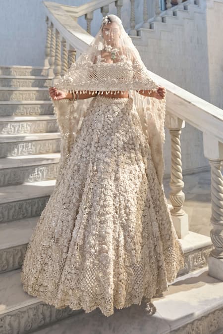 Shop_Seema Gujral_Ivory Net Pearls, Embroidery, Beads Square Neck Cut Work Lehenga Set _Online_at_Aza_Fashions