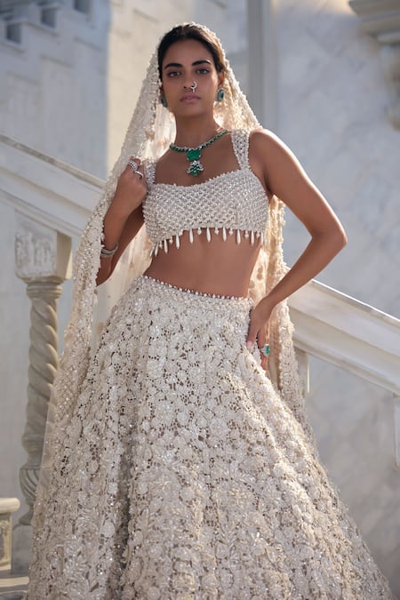 Buy_Seema Gujral_Ivory Net Pearls, Embroidery, Beads Square Neck Cut Work Lehenga Set 
