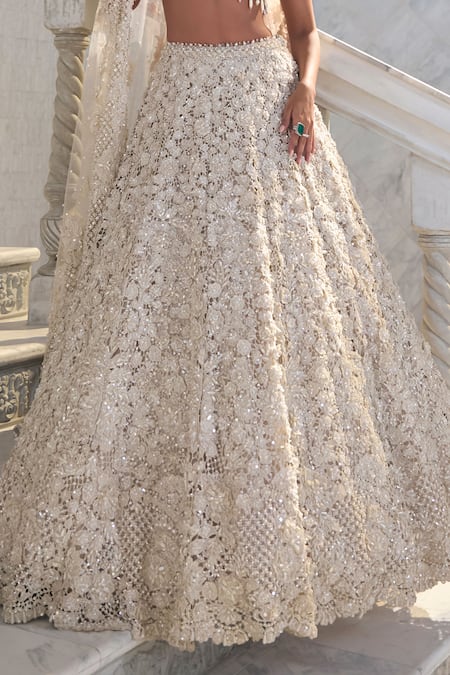 Shop_Seema Gujral_Ivory Net Pearls, Embroidery, Beads Square Neck Cut Work Lehenga Set 