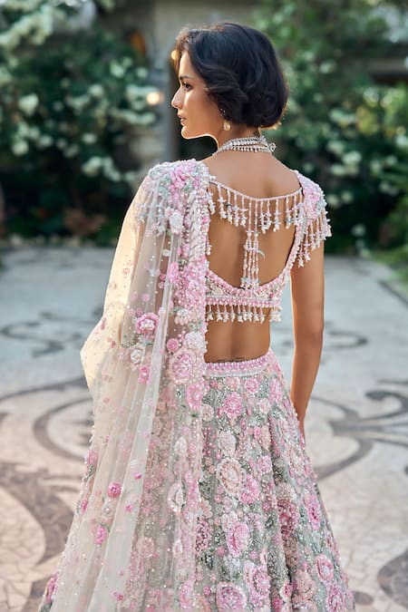 Shop_Seema Gujral_Multi Color Net Pearls, Sequins, Beads Sweetheart Neck Floral Lehenga Set _at_Aza_Fashions