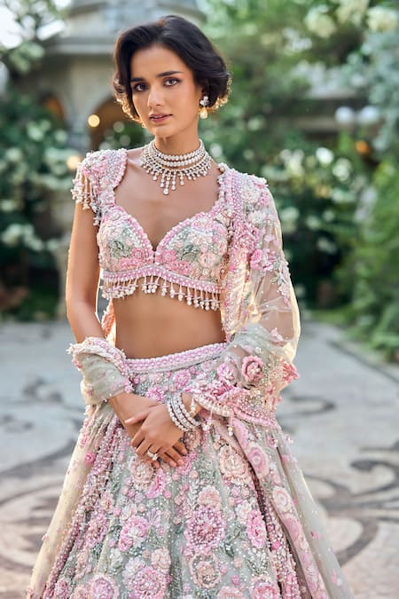 Seema Gujral_Multi Color Net Pearls, Sequins, Beads Sweetheart Neck Floral Lehenga Set _Online_at_Aza_Fashions