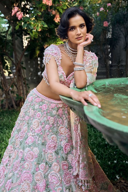 Buy_Seema Gujral_Multi Color Net Pearls, Sequins, Beads Sweetheart Neck Floral Lehenga Set _Online_at_Aza_Fashions