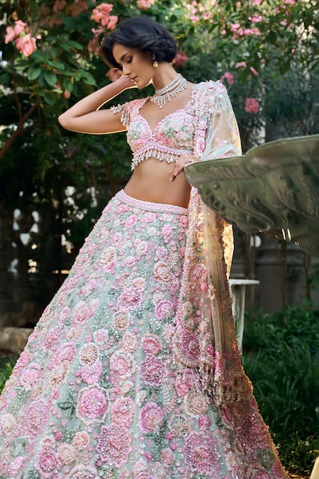 Shop_Seema Gujral_Multi Color Net Pearls, Sequins, Beads Sweetheart Neck Floral Lehenga Set _Online_at_Aza_Fashions