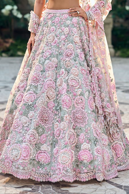 Seema Gujral_Multi Color Net Pearls, Sequins, Beads Sweetheart Neck Floral Lehenga Set _at_Aza_Fashions