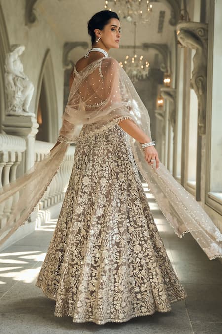 Seema Gujral_Gray Organza Pearls, Sequins, Beads, Embroidery V-neck Ash Grey Lehenga Set _Online_at_Aza_Fashions