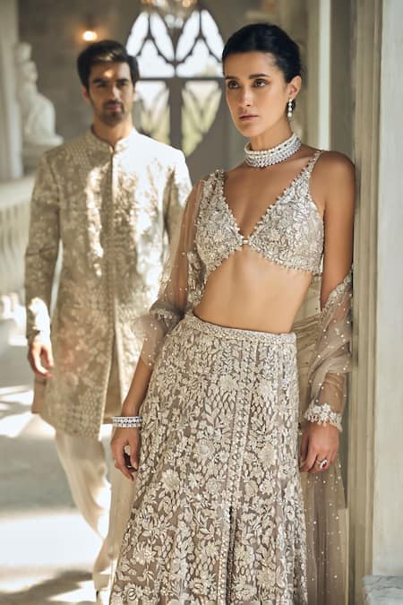 Buy_Seema Gujral_Gray Organza Pearls, Sequins, Beads, Embroidery V-neck Ash Grey Lehenga Set _Online_at_Aza_Fashions