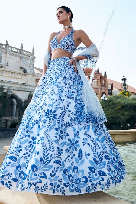 Buy_Seema Gujral_Blue Tissue, Organza Applique Halter Neck Lehenga Set _Online_at_Aza_Fashions