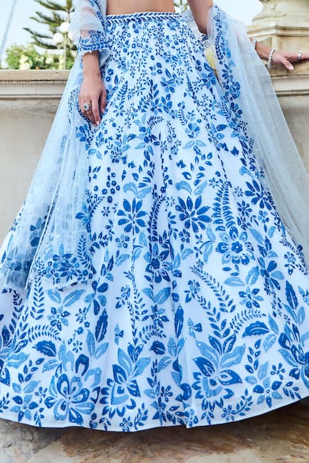 Seema Gujral_Blue Tissue, Organza Applique Halter Neck Lehenga Set _at_Aza_Fashions