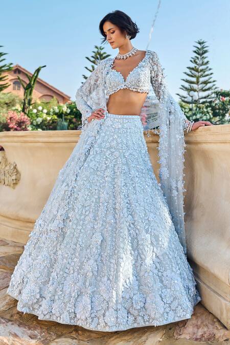 Buy_Seema Gujral_Blue Net Embroidery, Applique V-neck Three-dimensional Lehenga Set 