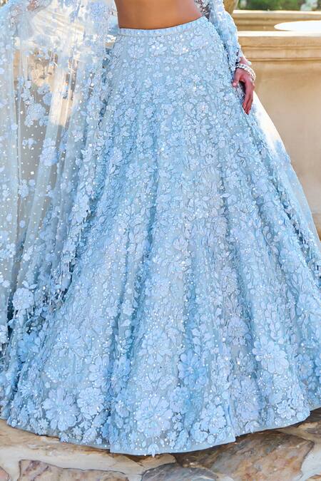 Shop_Seema Gujral_Blue Net Embroidery, Applique V-neck Three-dimensional Lehenga Set 