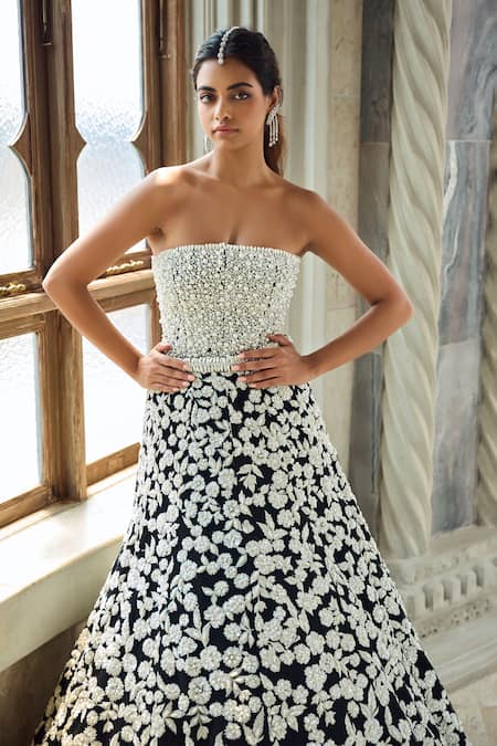 Seema Gujral_Black Net Embroidery, Beads Bandeau Neck Floral Corset Lehenga Set _Online_at_Aza_Fashions