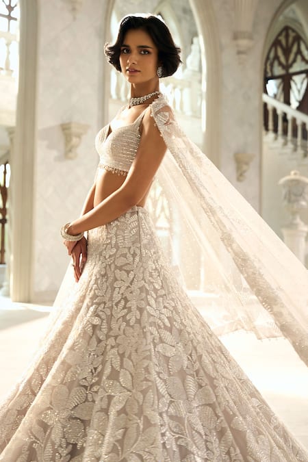 Seema Gujral Silver Net Sequins, Embroidery Sweetheart Neck Floral Lehenga Set Online at Aza Fashions Seema Gujral_Silver Net Sequins, Embroidery Sweetheart Neck Floral Lehenga Set _Online_at_Aza_Fashions