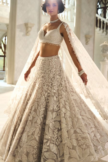 Buy Seema Gujral Silver Net Sequins, Embroidery Sweetheart Neck Floral Lehenga Set Online at Aza Fashions Buy_Seema Gujral_Silver Net Sequins, Embroidery Sweetheart Neck Floral Lehenga Set _Online_at_Aza_Fashions