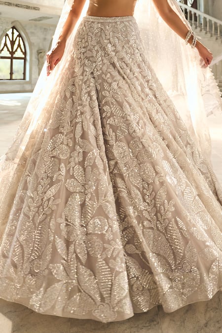 Shop Seema Gujral Silver Net Sequins, Embroidery Sweetheart Neck Floral Lehenga Set Online at Aza Fashions Shop_Seema Gujral_Silver Net Sequins, Embroidery Sweetheart Neck Floral Lehenga Set _Online_at_Aza_Fashions