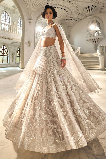 Buy Seema Gujral Silver Net Sequins, Embroidery Sweetheart Neck Floral Lehenga Set Buy_Seema Gujral_Silver Net Sequins, Embroidery Sweetheart Neck Floral Lehenga Set