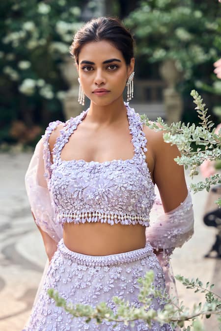 Buy_Seema Gujral_Lilac Net Sequins, Beads, Embroidery Halter Neck Three-dimensional Lehenga Set _Online_at_Aza_Fashions