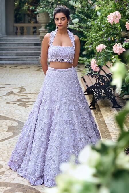Shop_Seema Gujral_Lilac Net Sequins, Beads, Embroidery Halter Neck Three-dimensional Lehenga Set _Online_at_Aza_Fashions