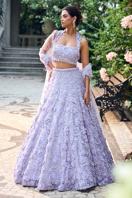 Seema Gujral_Lilac Net Sequins, Beads, Embroidery Halter Neck Three-dimensional Lehenga Set _at_Aza_Fashions