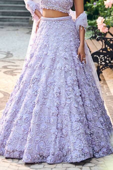 Buy_Seema Gujral_Lilac Net Sequins, Beads, Embroidery Halter Neck Three-dimensional Lehenga Set 