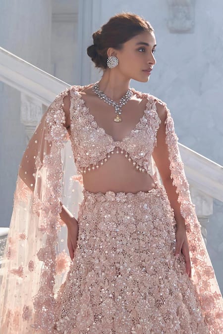 Buy_Seema Gujral_Peach Net Sequins, Embroidery V-neck Cut Work Lehenga Set _Online_at_Aza_Fashions