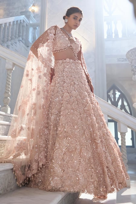 Shop_Seema Gujral_Peach Net Sequins, Embroidery V-neck Cut Work Lehenga Set _Online_at_Aza_Fashions