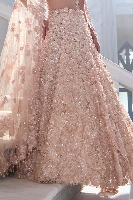 Seema Gujral_Peach Net Sequins, Embroidery V-neck Cut Work Lehenga Set _at_Aza_Fashions