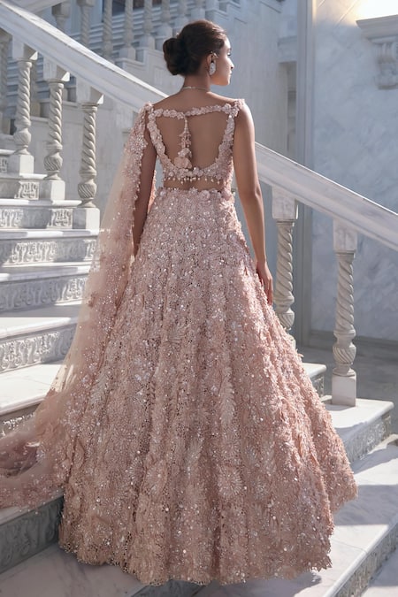 Seema Gujral_Peach Net Sequins, Embroidery V-neck Cut Work Lehenga Set _Online_at_Aza_Fashions