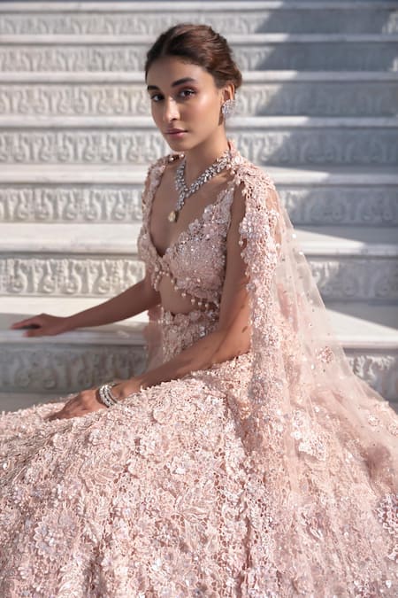 Buy_Seema Gujral_Peach Net Sequins, Embroidery V-neck Cut Work Lehenga Set 