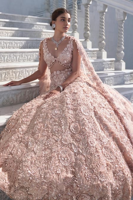 Shop_Seema Gujral_Peach Net Sequins, Embroidery V-neck Cut Work Lehenga Set 