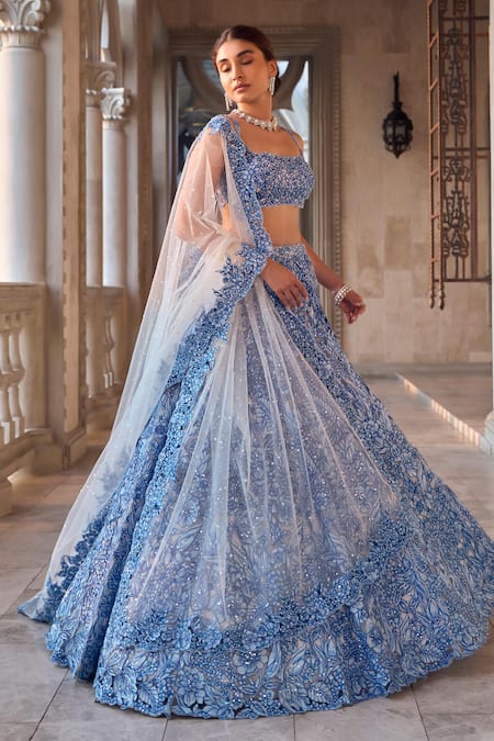 Seema Gujral Blue Net Embroidery, Cut Work Square Neck Lehenga Set 