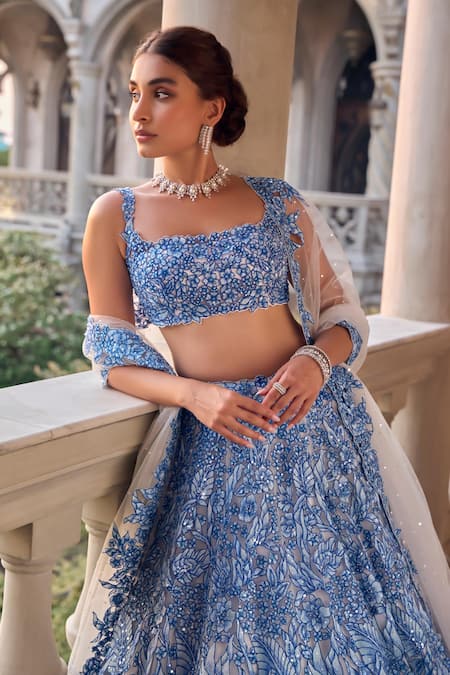 Buy_Seema Gujral_Blue Net Embroidery, Cut Work Square Neck Lehenga Set _Online_at_Aza_Fashions