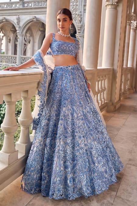 Shop_Seema Gujral_Blue Net Embroidery, Cut Work Square Neck Lehenga Set _Online_at_Aza_Fashions