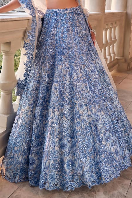 Seema Gujral_Blue Net Embroidery, Cut Work Square Neck Lehenga Set _at_Aza_Fashions