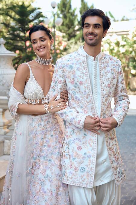 Buy_Seema Gujral_Multi Color Organza, Net Pearls, Sequins, Beads, Embroidery V-neck Lehenga Set _Online_at_Aza_Fashions