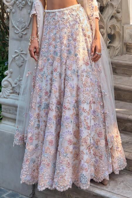 Shop_Seema Gujral_Multi Color Organza, Net Pearls, Sequins, Beads, Embroidery V-neck Lehenga Set _Online_at_Aza_Fashions