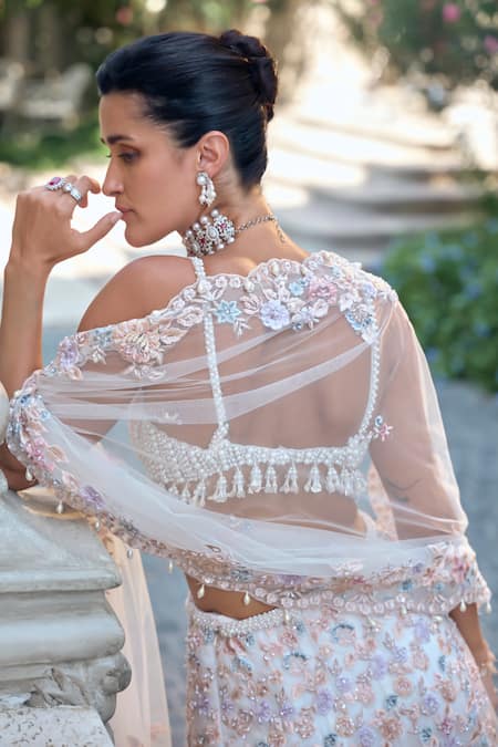 Seema Gujral_Multi Color Organza, Net Pearls, Sequins, Beads, Embroidery V-neck Lehenga Set _Online_at_Aza_Fashions