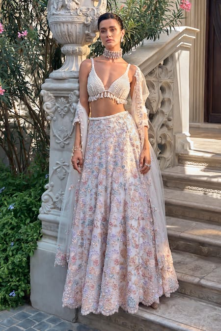 Seema Gujral Multi Color Organza, Net Pearls, Sequins, Beads, Embroidery V-neck Lehenga Set 