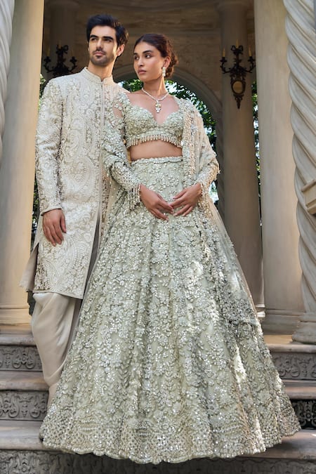 Seema Gujral_Green Net Sequins, Embroidery Sweetheart Three-dimensional Sage Lehenga Set _Online_at_Aza_Fashions