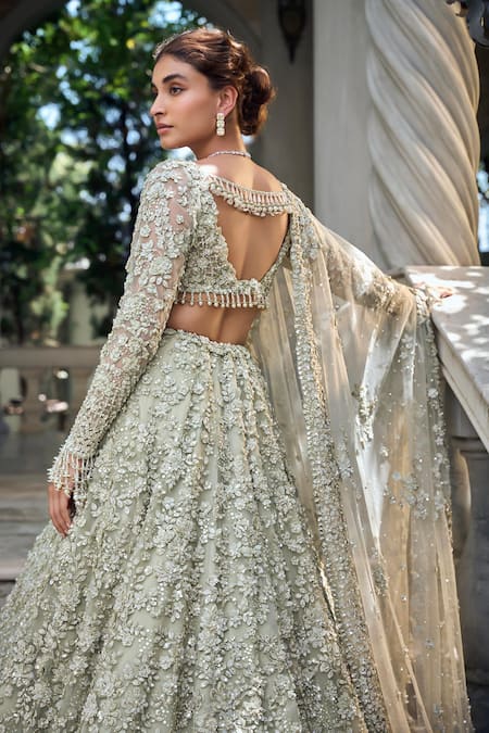 Shop_Seema Gujral_Green Net Sequins, Embroidery Sweetheart Three-dimensional Sage Lehenga Set _at_Aza_Fashions