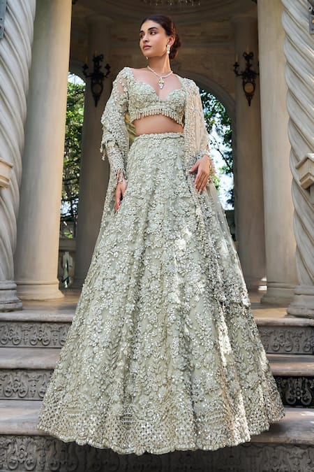 Seema Gujral Green Net Sequins, Embroidery Sweetheart Three-dimensional Sage Lehenga Set 