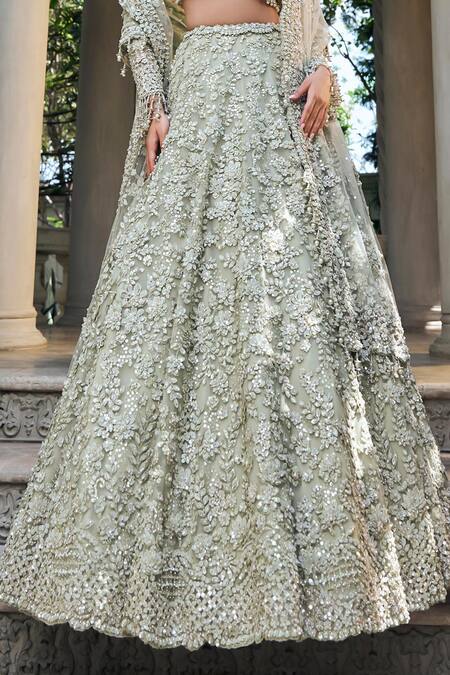 Buy_Seema Gujral_Green Net Sequins, Embroidery Sweetheart Three-dimensional Sage Lehenga Set _Online_at_Aza_Fashions