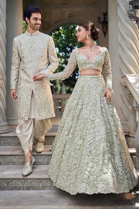 Shop_Seema Gujral_Green Net Sequins, Embroidery Sweetheart Three-dimensional Sage Lehenga Set _Online_at_Aza_Fashions